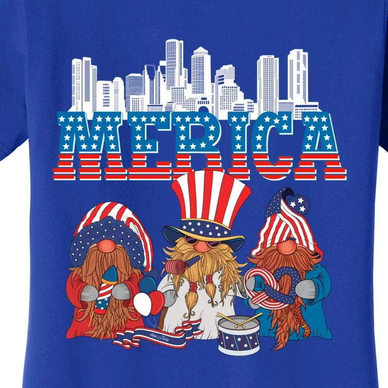 July 4th Gnomes Independence Boston Skyline Us Flag Merica Gift Women's T-Shirt