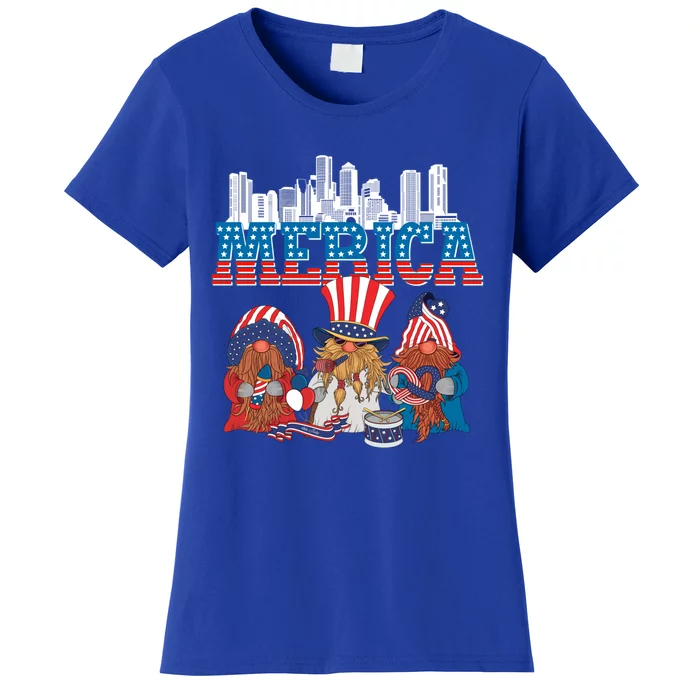 July 4th Gnomes Independence Boston Skyline Us Flag Merica Gift Women's T-Shirt