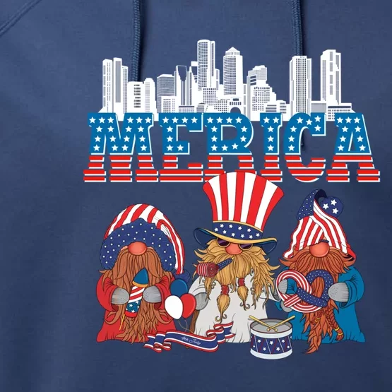 July 4th Gnomes Independence Boston Skyline Us Flag Merica Gift Performance Fleece Hoodie