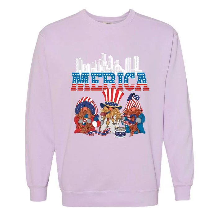 July 4th Gnomes Independence Boston Skyline Us Flag Merica Gift Garment-Dyed Sweatshirt