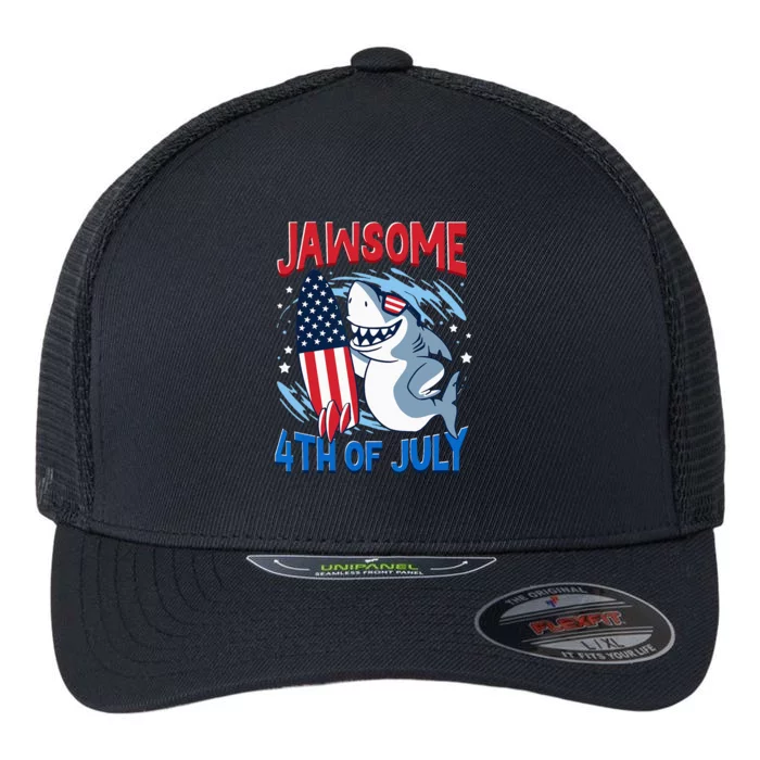 Jawsome 4th of July Outifts Funny Shark Flexfit Unipanel Trucker Cap