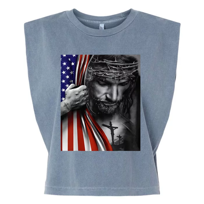 Jesus 4th of July American Flag Christian Faith Christ Lover Garment-Dyed Women's Muscle Tee