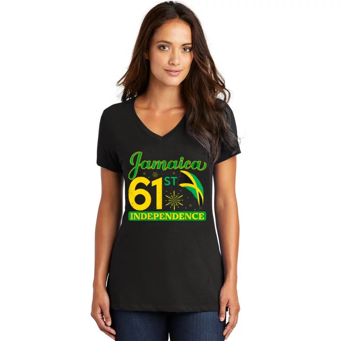 Jamaica 61st Independence Day Celebration Jamaican Flag Women's V-Neck T-Shirt