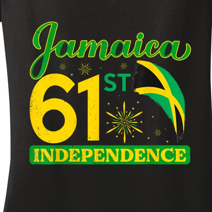 Jamaica 61st Independence Day Celebration Jamaican Flag Women's V-Neck T-Shirt