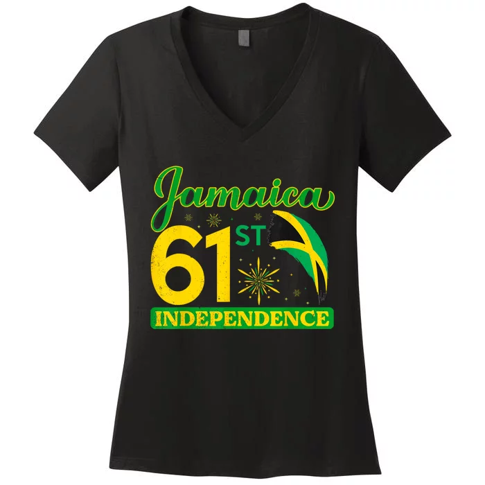 Jamaica 61st Independence Day Celebration Jamaican Flag Women's V-Neck T-Shirt