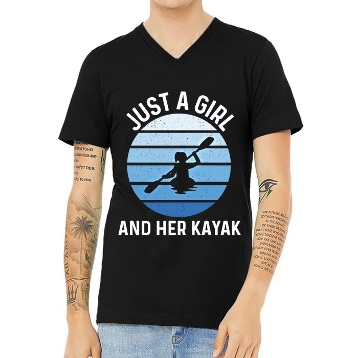 Just A And Her Kayak Lover River Kayaking Gear Gift V-Neck T-Shirt