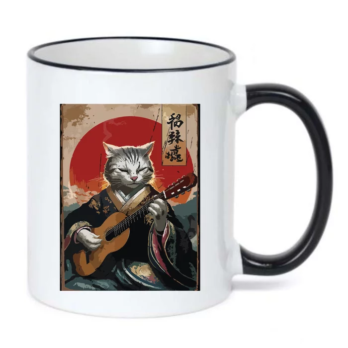 Japanese Anime Art Samurai Cat Guitarist Black Color Changing Mug