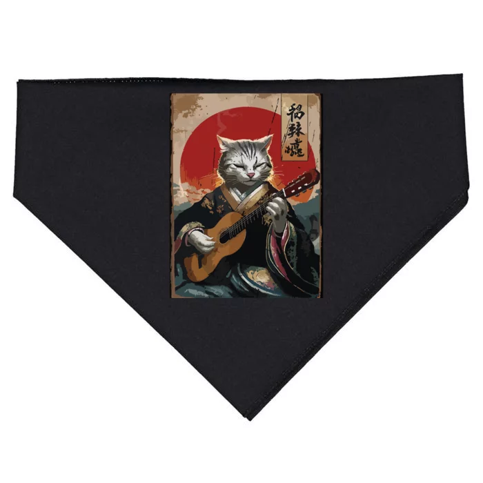 Japanese Anime Art Samurai Cat Guitarist USA-Made Doggie Bandana