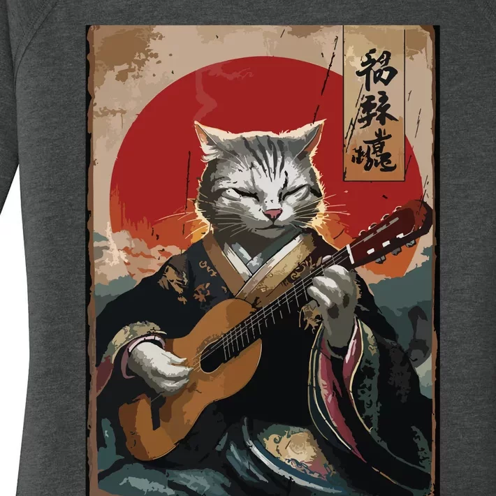 Japanese Anime Art Samurai Cat Guitarist Women's Perfect Tri Tunic Long Sleeve Shirt