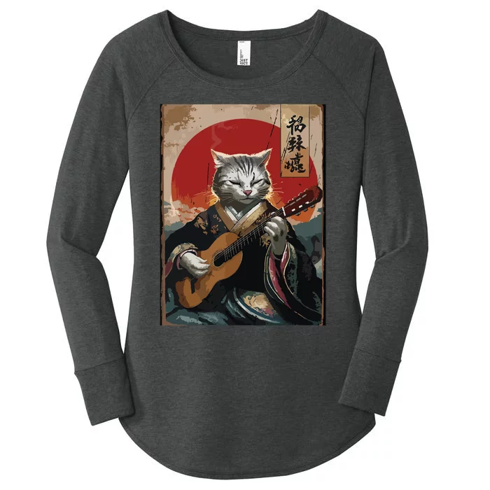 Japanese Anime Art Samurai Cat Guitarist Women's Perfect Tri Tunic Long Sleeve Shirt