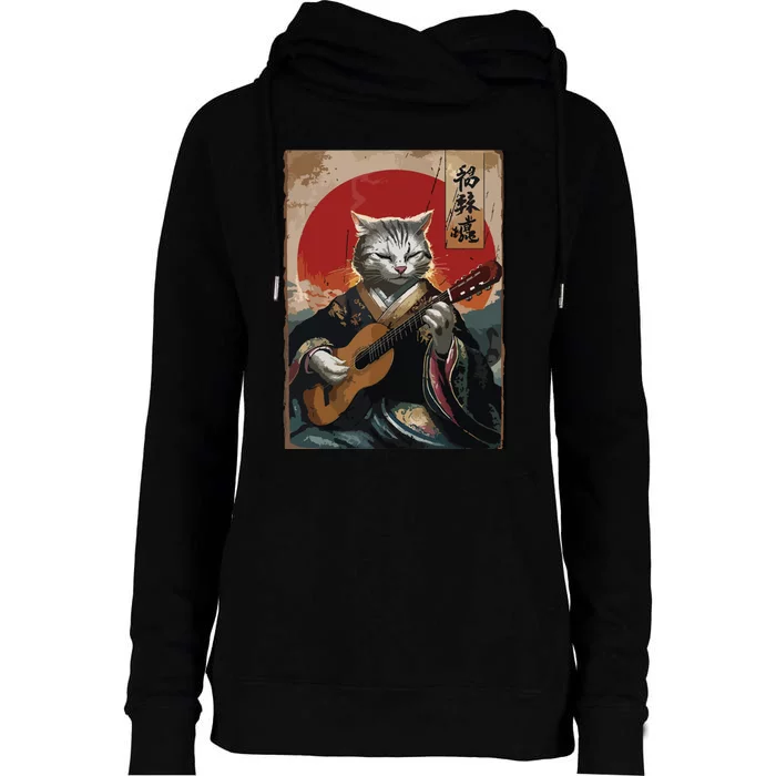 Japanese Anime Art Samurai Cat Guitarist Womens Funnel Neck Pullover Hood