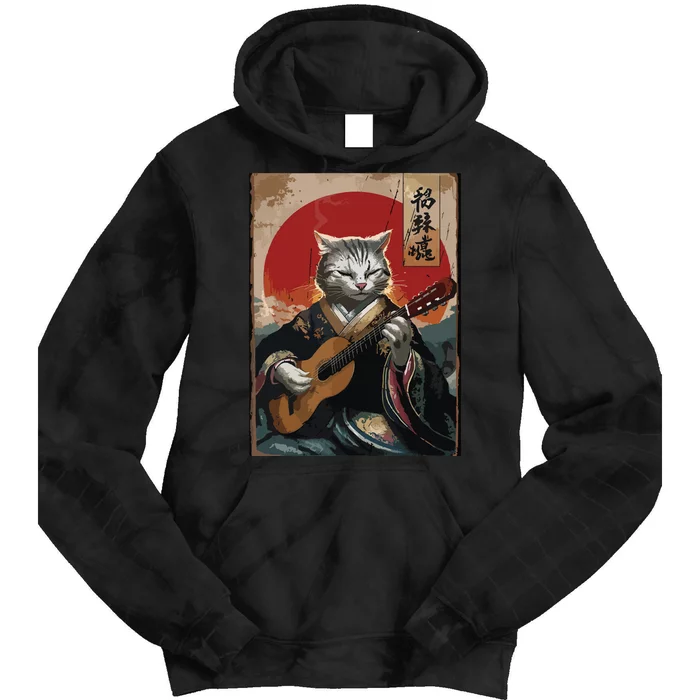 Japanese Anime Art Samurai Cat Guitarist Tie Dye Hoodie