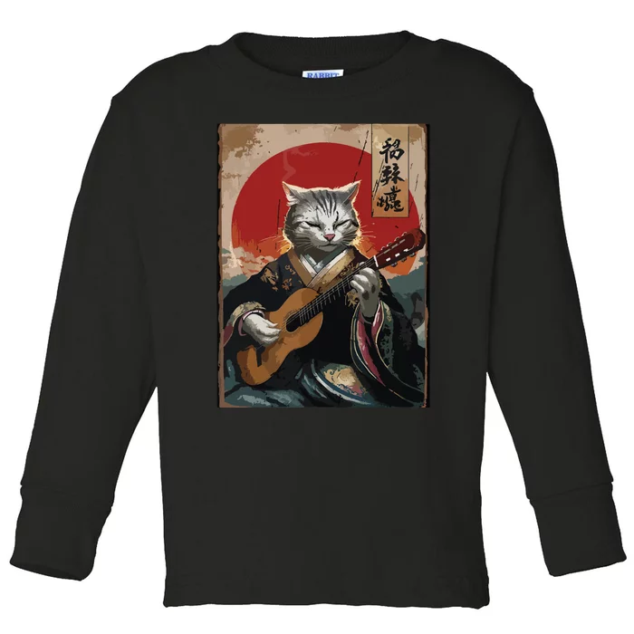 Japanese Anime Art Samurai Cat Guitarist Toddler Long Sleeve Shirt