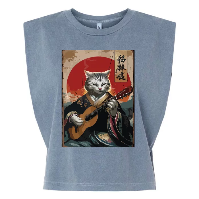 Japanese Anime Art Samurai Cat Guitarist Garment-Dyed Women's Muscle Tee