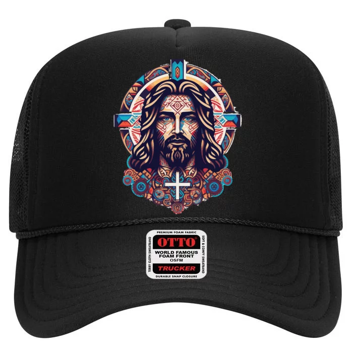 Jesus Abstract Art High Crown Mesh Trucker Hat