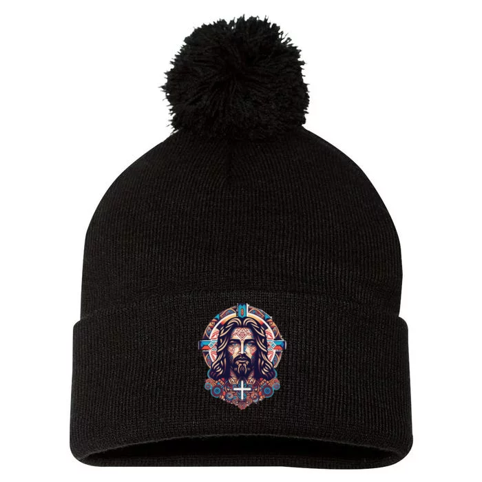 Jesus Abstract Art Pom Pom 12in Knit Beanie