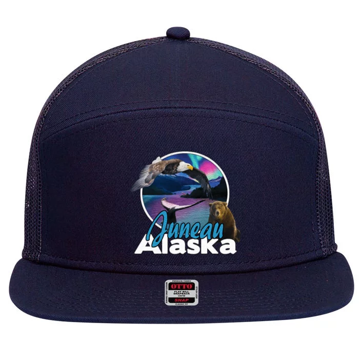 Juneau Alaska Aurora Borealis Eagle Bear Whale Souvenir Cute Gift 7 Panel Mesh Trucker Snapback Hat