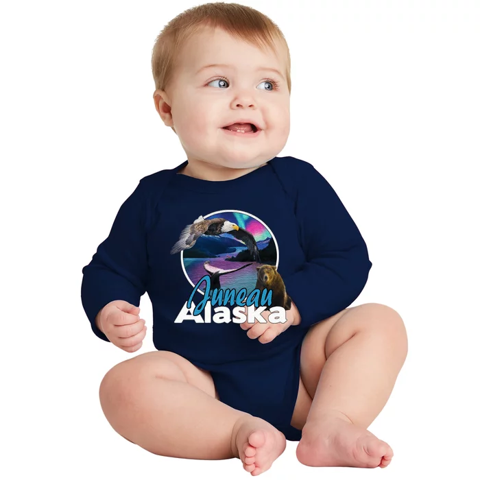 Juneau Alaska Aurora Borealis Eagle Bear Whale Souvenir Cute Gift Baby Long Sleeve Bodysuit