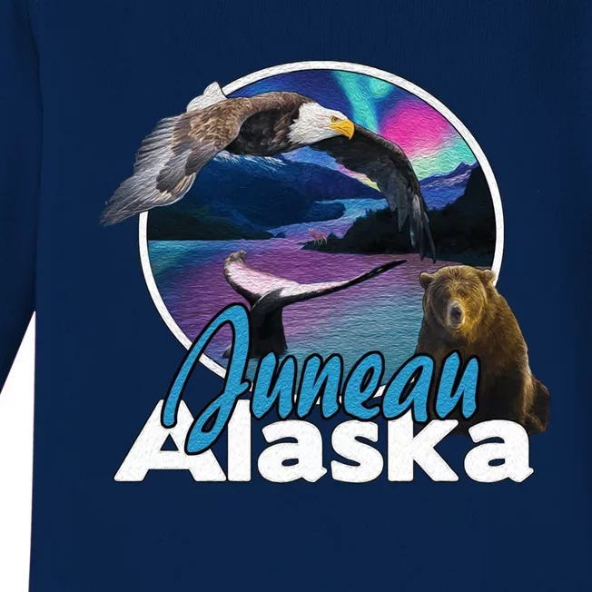 Juneau Alaska Aurora Borealis Eagle Bear Whale Souvenir Cute Gift Baby Long Sleeve Bodysuit