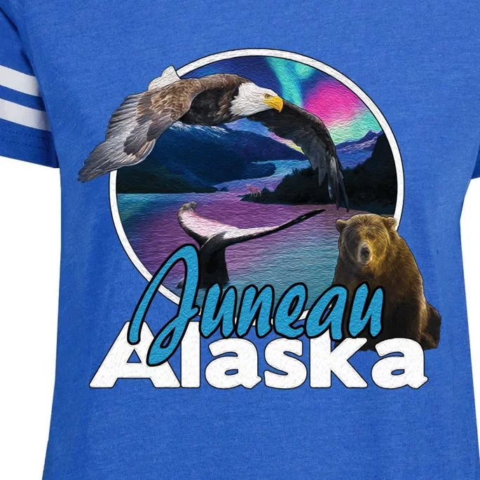 Juneau Alaska Aurora Borealis Eagle Bear Whale Souvenir Cute Gift Enza Ladies Jersey Football T-Shirt