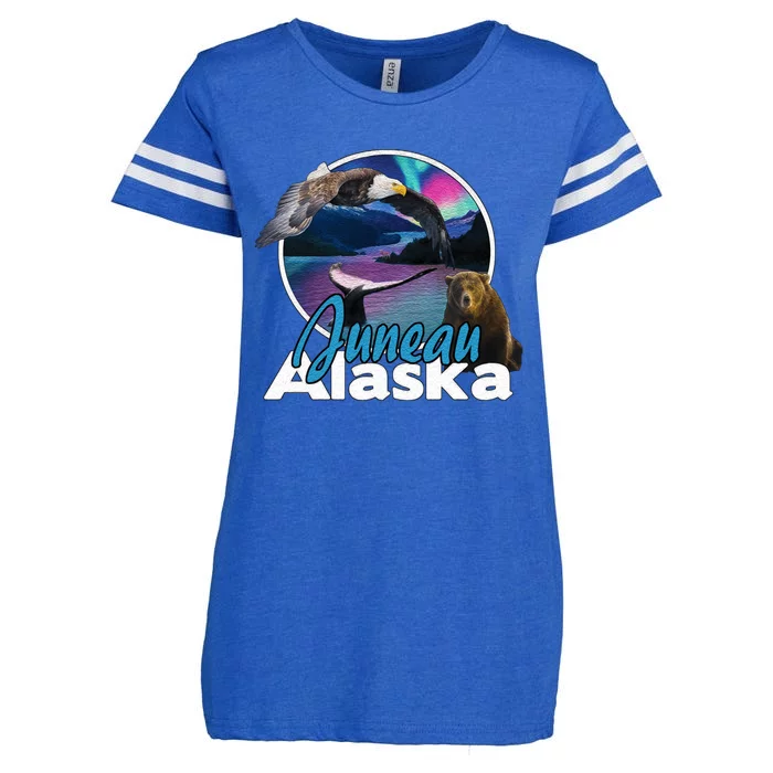 Juneau Alaska Aurora Borealis Eagle Bear Whale Souvenir Cute Gift Enza Ladies Jersey Football T-Shirt