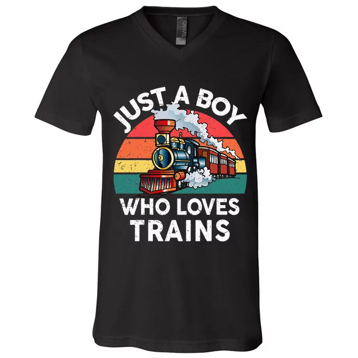 Just A Boy Who Loves Trains Train Lover V-Neck T-Shirt