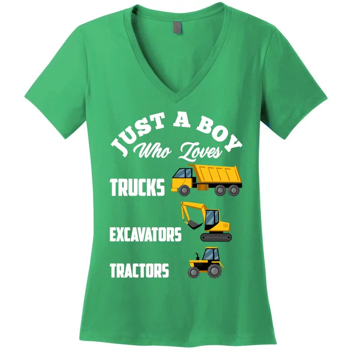 Just A Boy Who Loves Trucks Excavators Tractors Boy Women's V-Neck T-Shirt