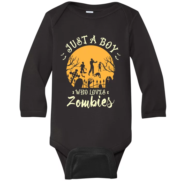 Just A Boy Who Loves Zombies Halloween Fan Funny Halloween Baby Long Sleeve Bodysuit