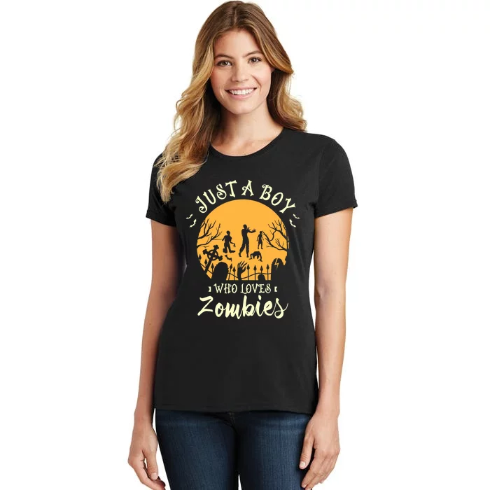 Just A Boy Who Loves Zombies Halloween Fan Funny Halloween Women's T-Shirt