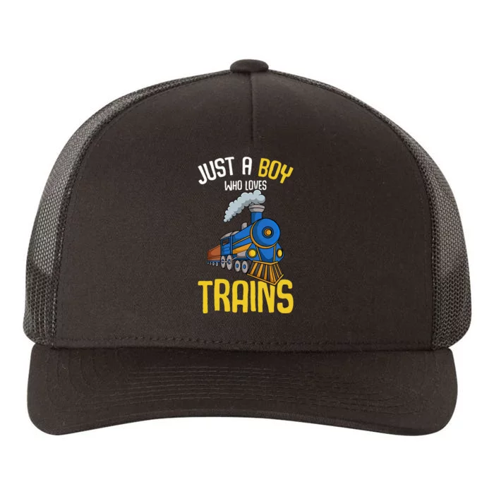 Just A Boy Who Loves Trains Locomotive Train Yupoong Adult 5-Panel Trucker Hat