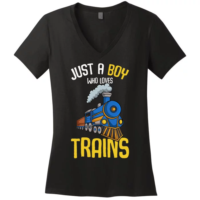 Just A Boy Who Loves Trains Locomotive Train Women's V-Neck T-Shirt