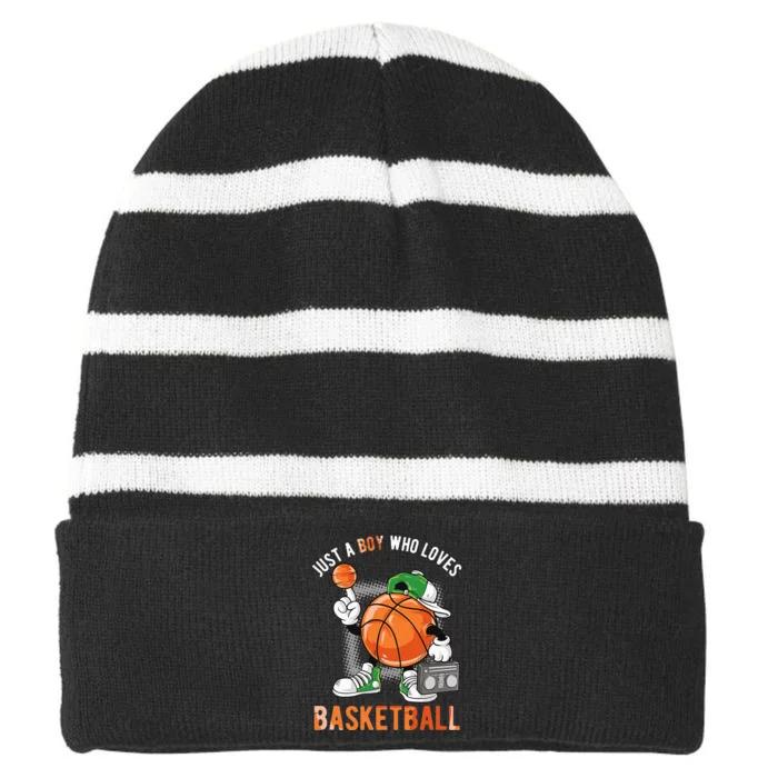 Just A Boy Who Loves Basketball Striped Beanie with Solid Band