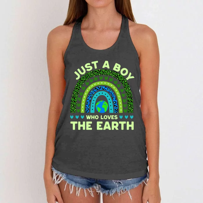 Just A Boy Who Loves The Earth | Earth Day 2024 Rainbow Women's Knotted Racerback Tank