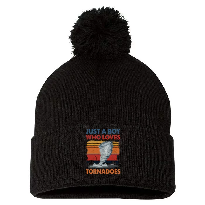 Just A Boy Who Loves Tornado Weather Storm Tornado Chaser Pom Pom 12in Knit Beanie