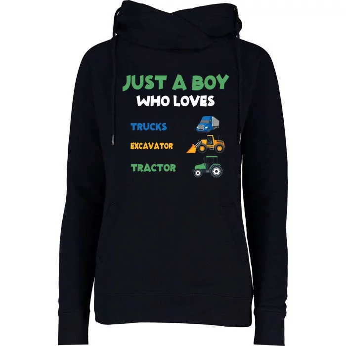 Just A Boy Who Loves Trucks Excavators Tractors Vehicle Womens Funnel Neck Pullover Hood