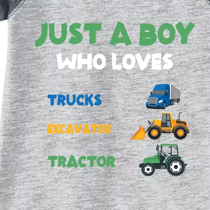 Just A Boy Who Loves Trucks Excavators Tractors Vehicle Infant Baby Jersey Bodysuit