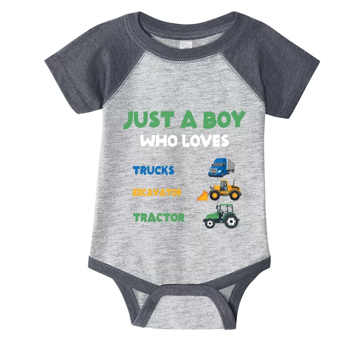 Just A Boy Who Loves Trucks Excavators Tractors Vehicle Infant Baby Jersey Bodysuit