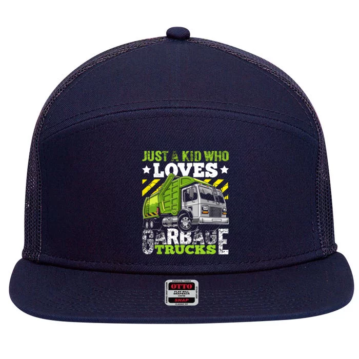 Just A Boy Who Loves Garbage Trucks Funny 7 Panel Mesh Trucker Snapback Hat