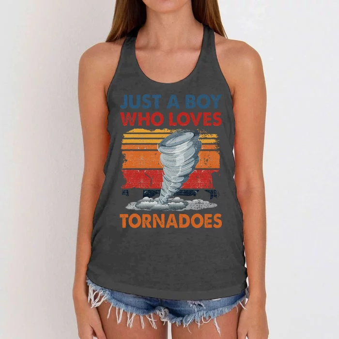 Just A Boy Who Loves Tornado Weather Storm Tornado Chaser Women's Knotted Racerback Tank