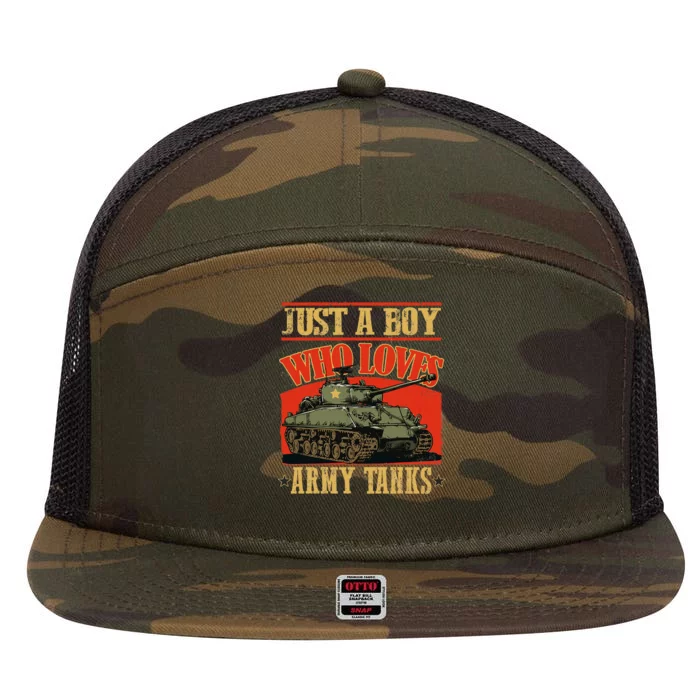 Just A Boy Who Loves Army Tanks 7 Panel Mesh Trucker Snapback Hat