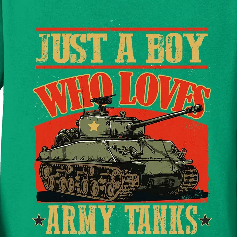 Just A Boy Who Loves Army Tanks Kids Long Sleeve Shirt