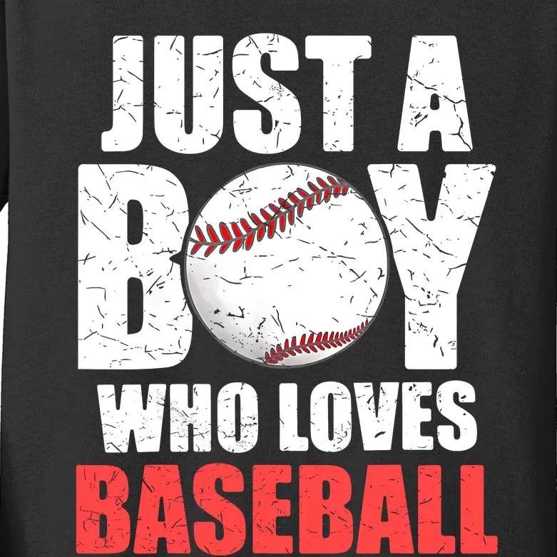 Just A Boy Who Loves Baseball Batter Catcher Pitcher Boy Kids Long Sleeve Shirt