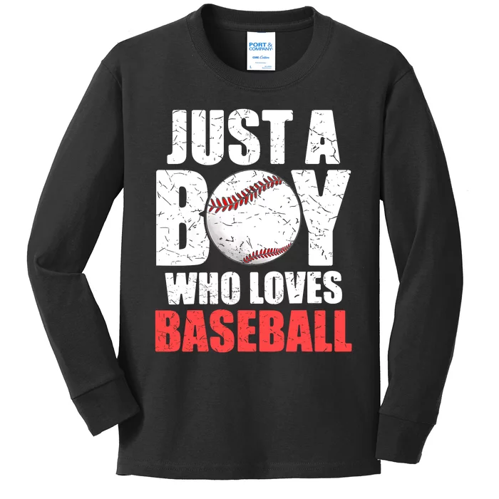 Just A Boy Who Loves Baseball Batter Catcher Pitcher Boy Kids Long Sleeve Shirt