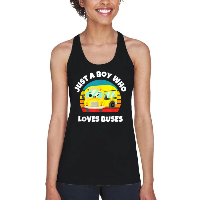 Just A Boy Who Loves Buses Birthday Yellow School Bus Lover Women's Racerback Tank