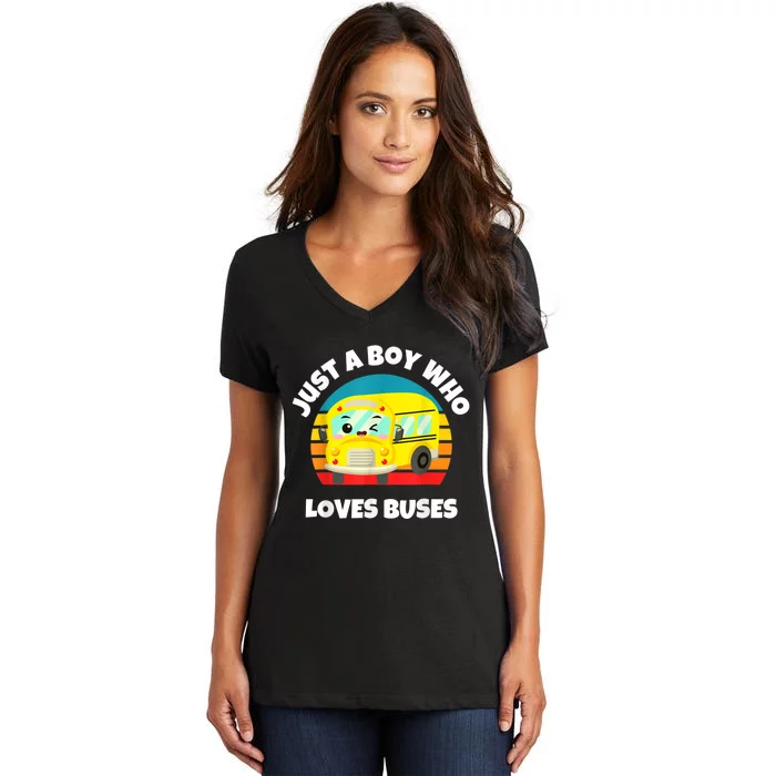 Just A Boy Who Loves Buses Birthday Yellow School Bus Lover Women's V-Neck T-Shirt