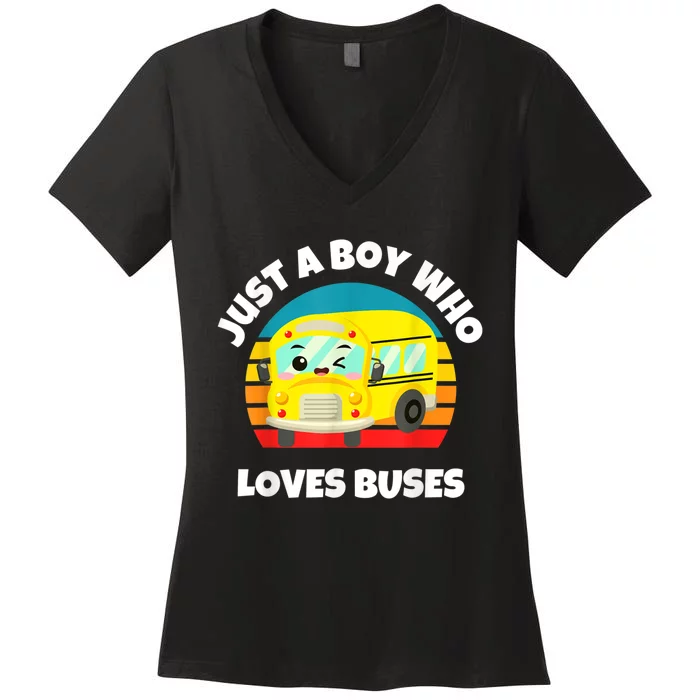 Just A Boy Who Loves Buses Birthday Yellow School Bus Lover Women's V-Neck T-Shirt