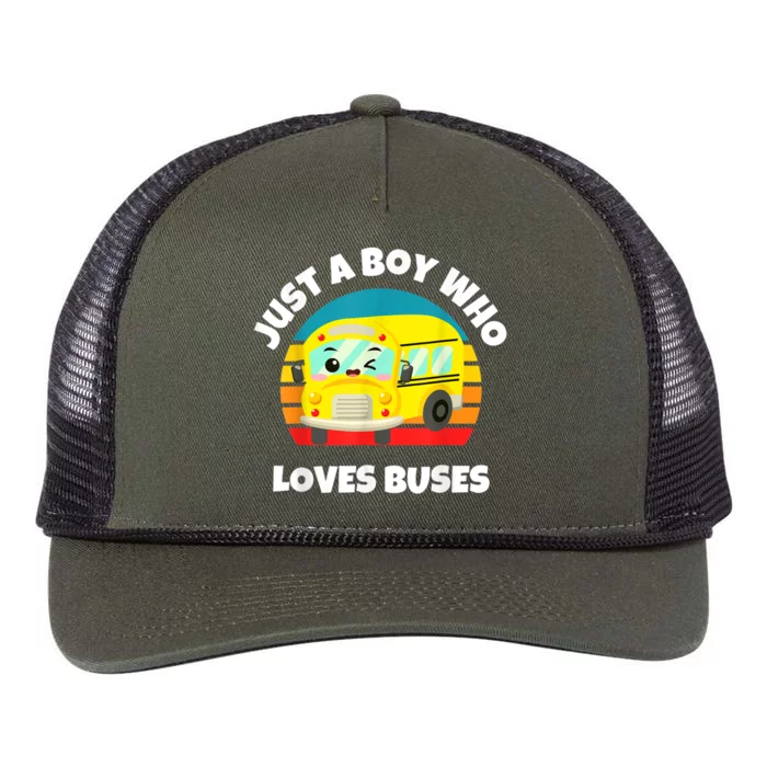 Just A Boy Who Loves Buses Birthday Yellow School Bus Lover Retro Rope Trucker Hat Cap