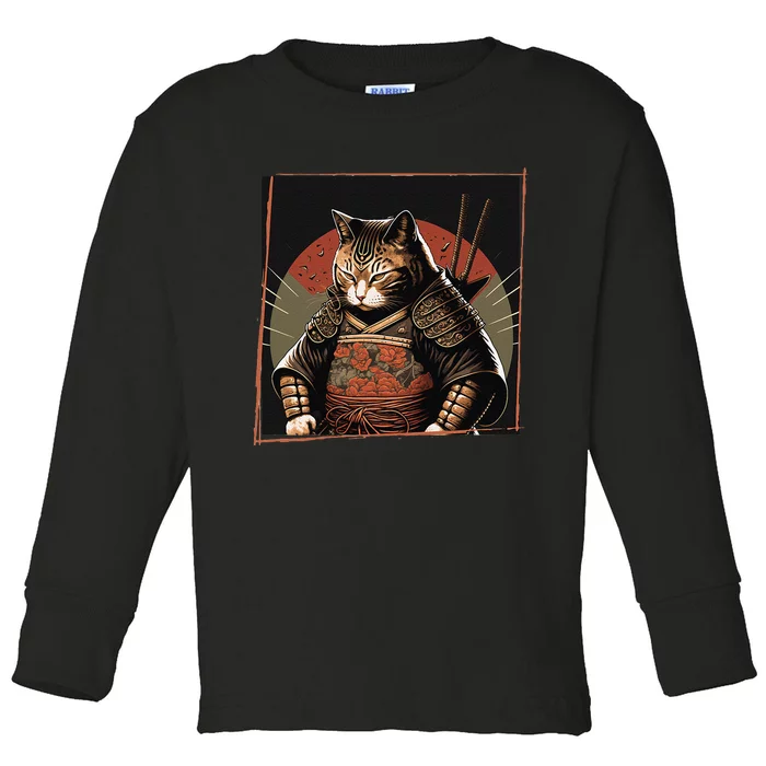 Japanese Art Cat Ninja Ukiyo-e Anime Style Samurai Cat Toddler Long Sleeve Shirt