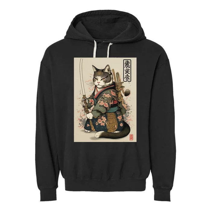 Japanese Art Cat Ninja Ukiyo-e Anime Style Samurai Cat Garment-Dyed Fleece Hoodie