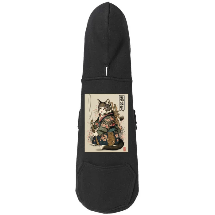 Japanese Art Cat Ninja Ukiyo-e Anime Style Samurai Cat Doggie 3-End Fleece Hoodie